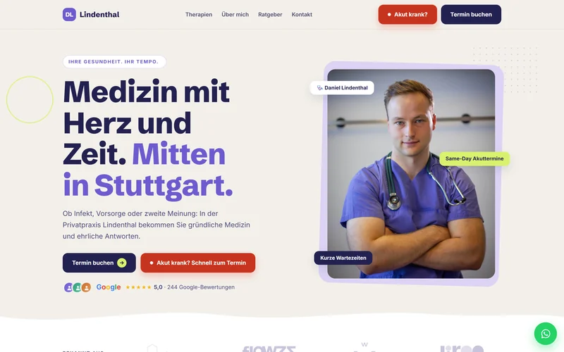 Homepage of dr-lindenthal.de with Daniel Lindenthal and the buttons for booking an appointment and for acute illness