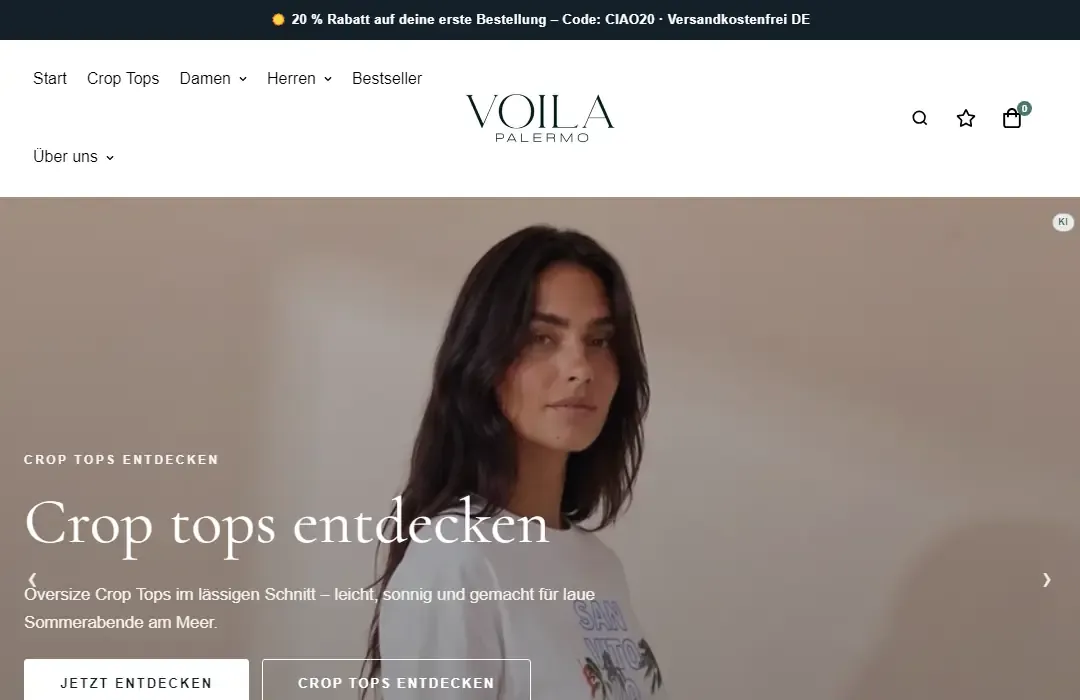 Homepage of the Voilà Palermo online shop: a model in a white crop top, headline “Crop tops entdecken”