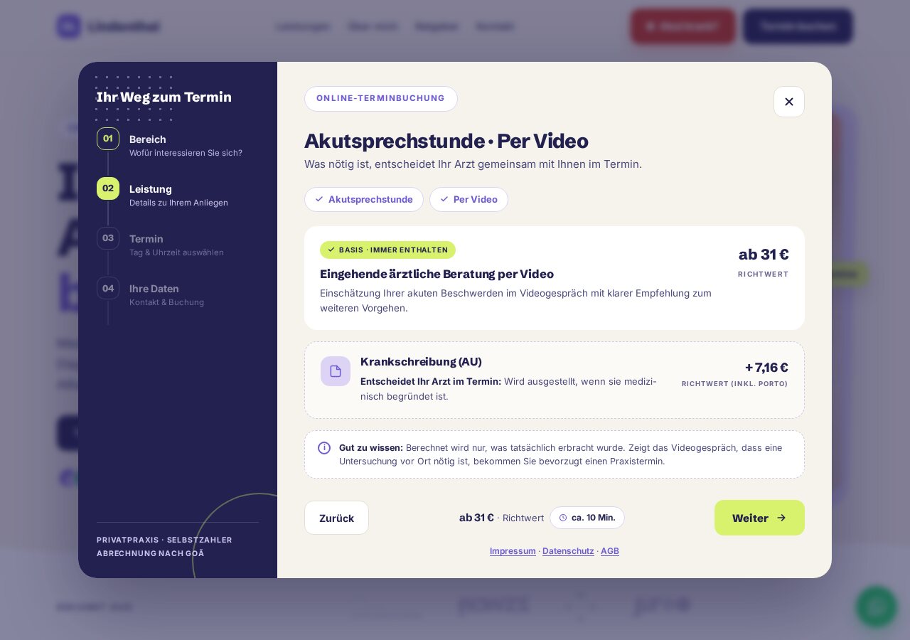 Step 2: same-day appointment by video with a guide price from €31, sick note as a possible add-on and a duration of about 10 minutes