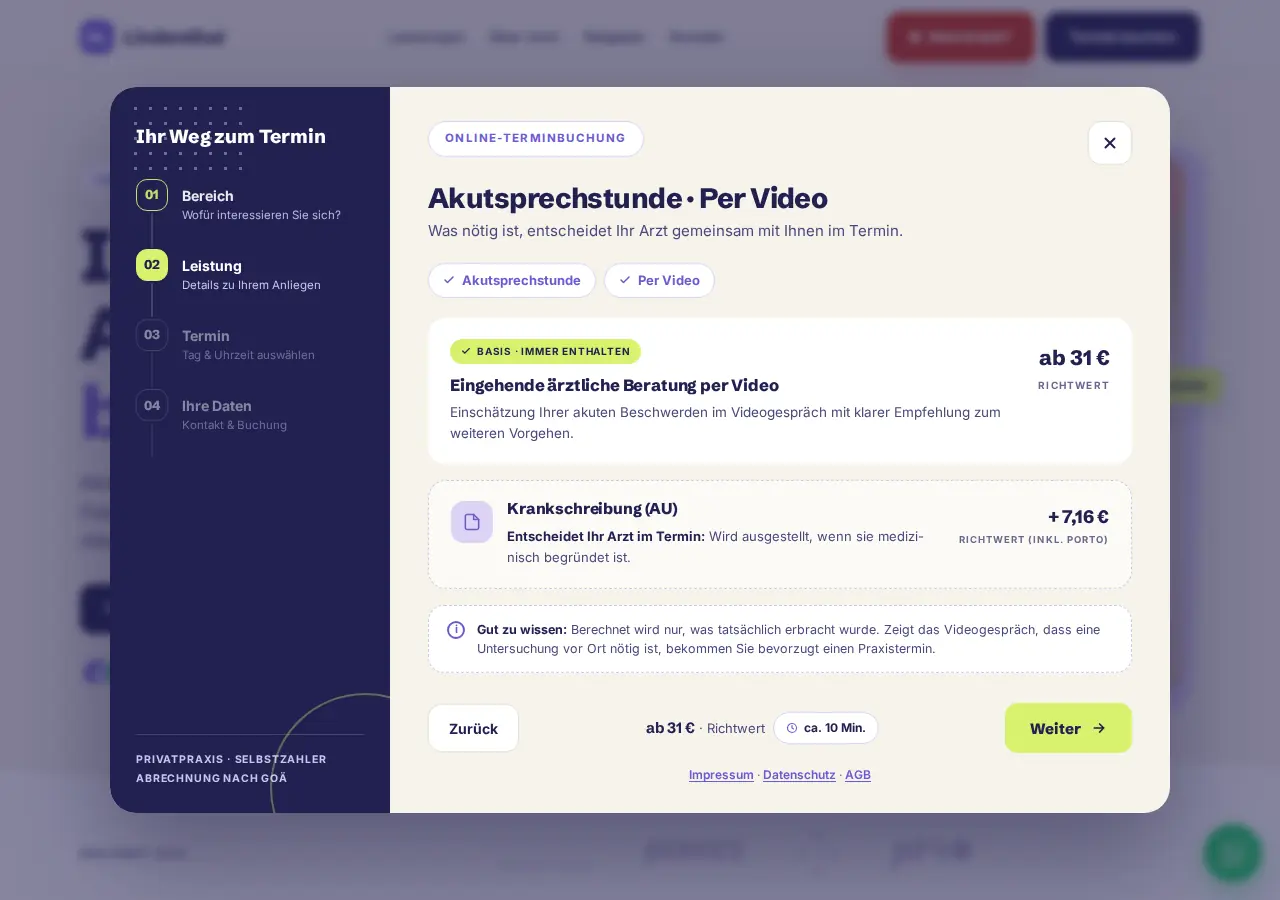 Online booking on the website of the private practice Lindenthal, step two: choosing the service
