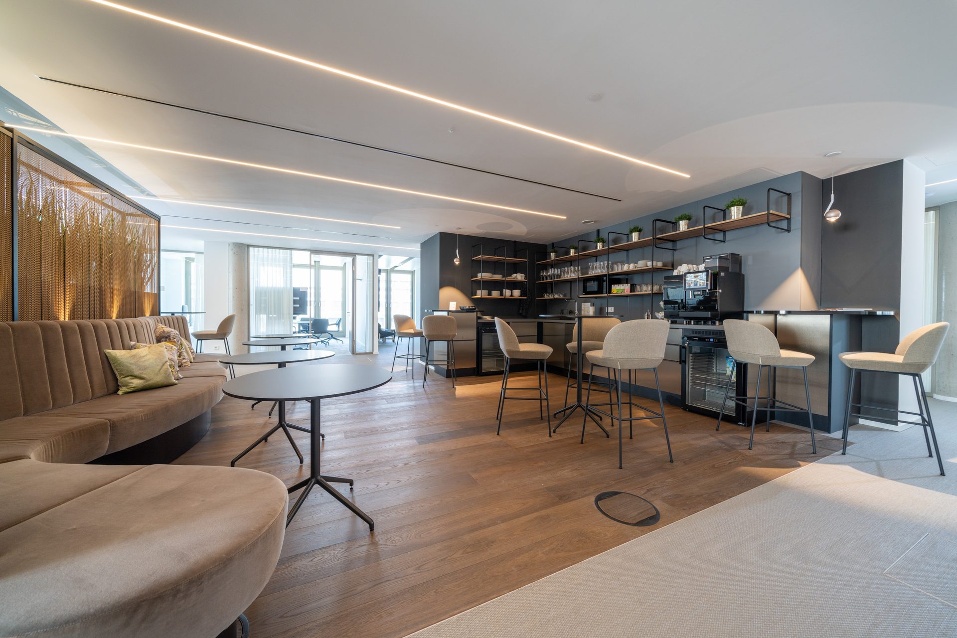 Lounge with seating areas and a counter