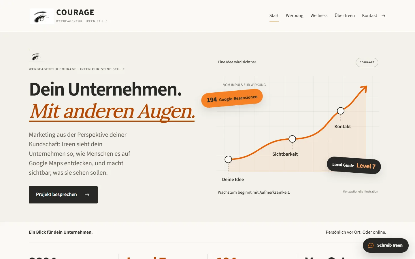 Website of the COURAGE advertising agency with an eye logo and an orange growth curve