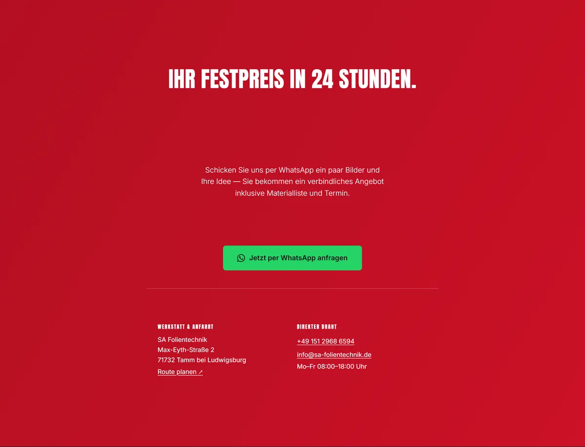 Section “Your fixed price in 24 hours” with green WhatsApp button, workshop address Max-Eyth-Straße 2 in Tamm, “Plan route” link, phone number and opening hours Mon–Fri 8 am–6 pm