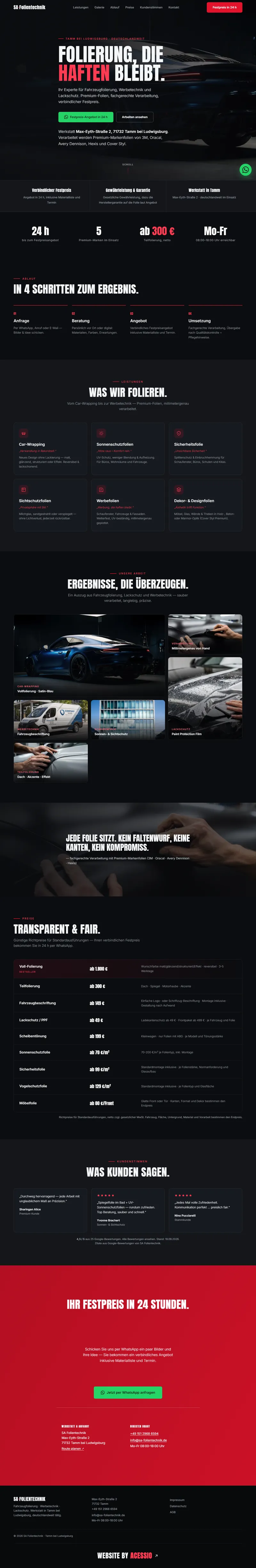 The entire homepage of sa-folientechnik.de from top to bottom: introduction, benefits, four-step process, six services, image gallery, price table, customer voices and contact with address