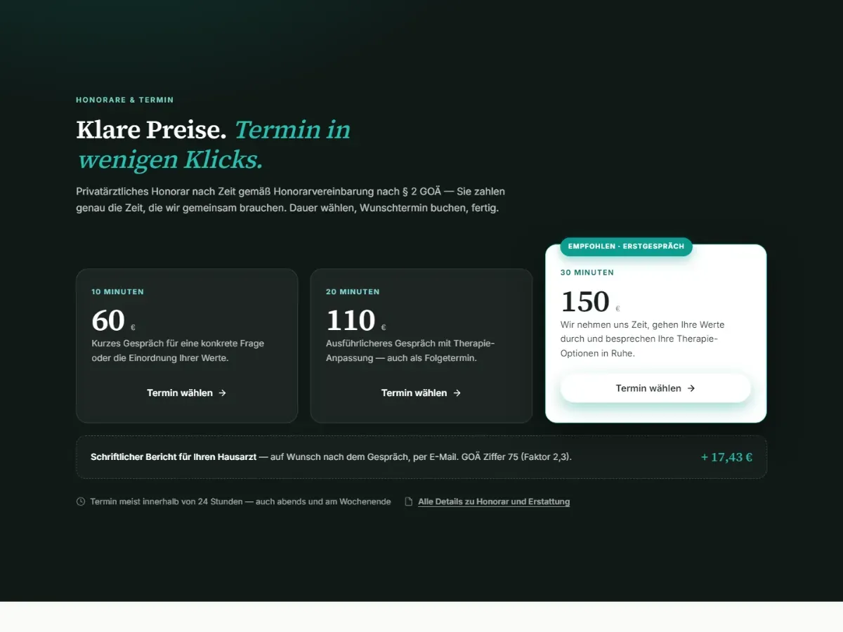 Section “Clear prices”: 10 minutes €60, 20 minutes €110, 30 minutes €150, written report €17.43