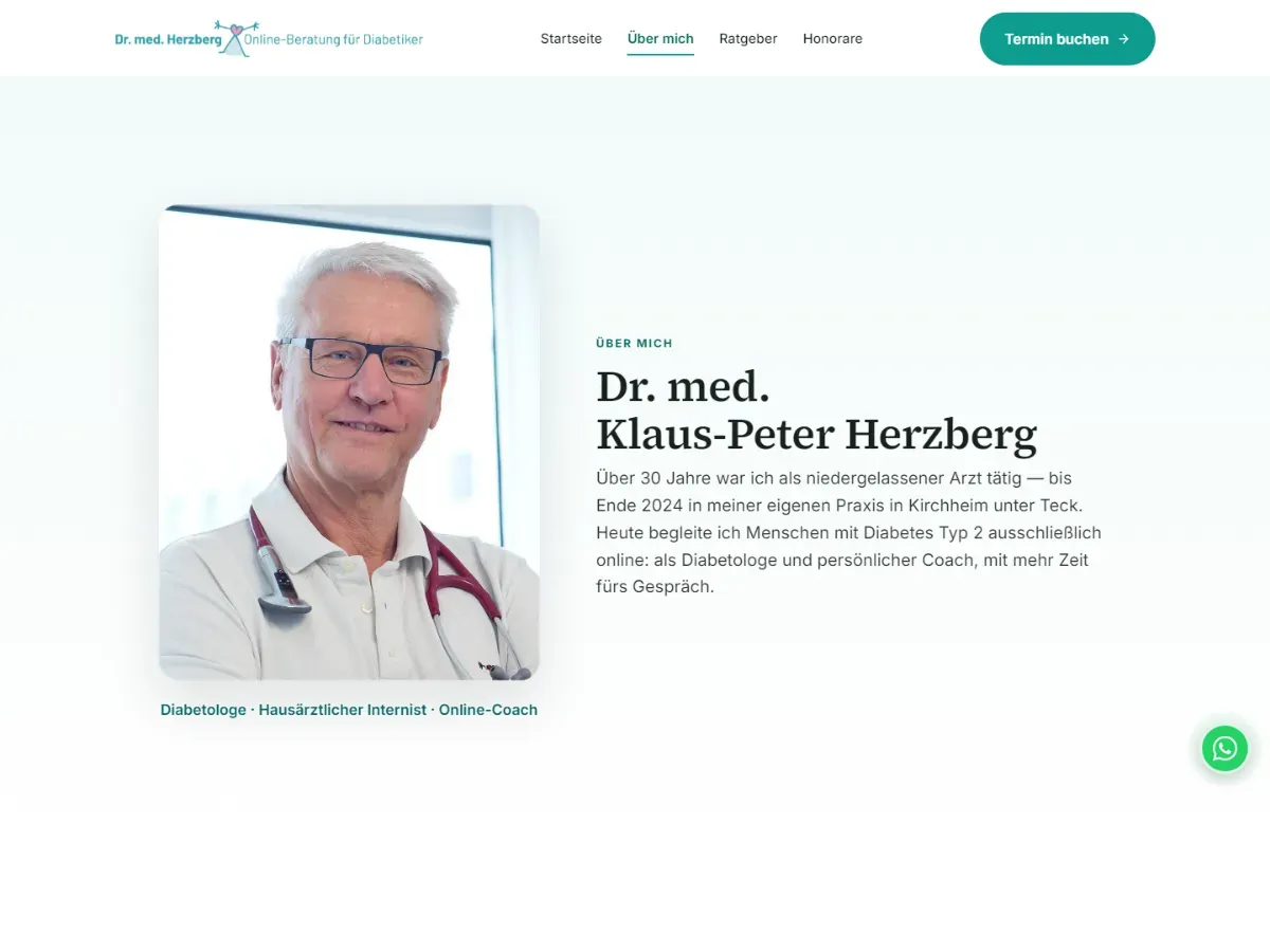 About page: portrait of Dr Klaus-Peter Herzberg and his introduction