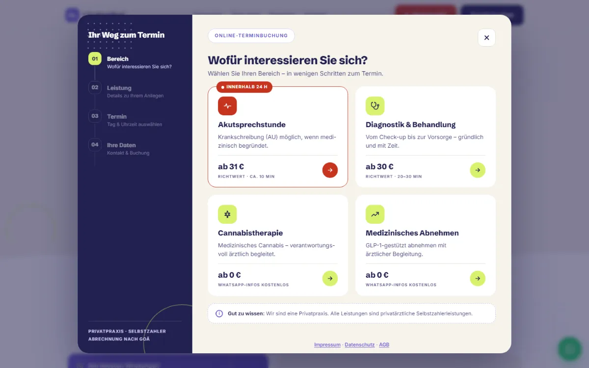 Step 1 of the booking window: four areas, first the same-day appointment with the note “within 24 hours”, then diagnostics and treatment, cannabis therapy and medical weight loss, each with a guide price