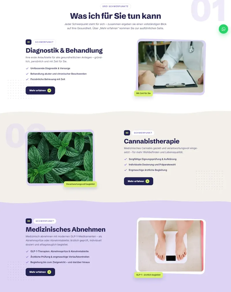Therapies page: diagnostics and treatment, cannabis therapy and medical weight loss, each with an image, three bullet points and a “Learn more” button