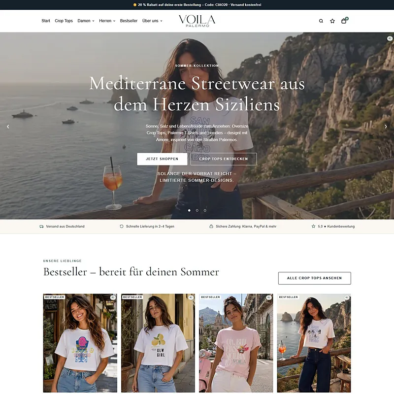 Homepage of the Voilà Palermo online shop: “Mediterrane Streetwear aus dem Herzen Siziliens” with bestsellers below