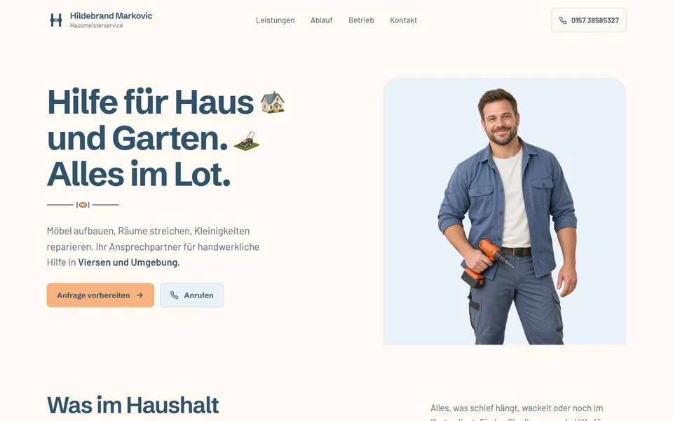 Website of Hausmeisterservice Hildebrand Markovic in Viersen with a light opening section and house and garden motifs