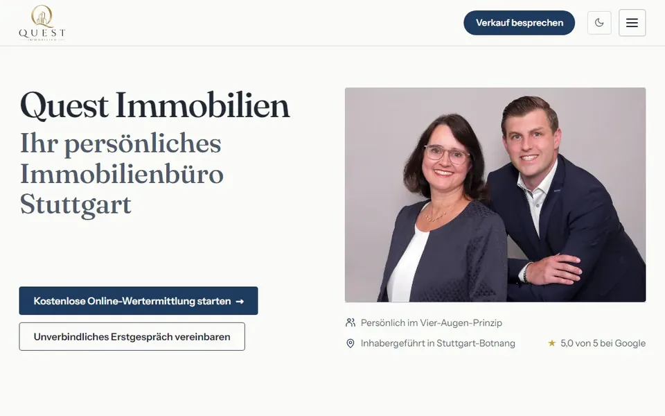 Draft of the Quest Immobilien website, top section