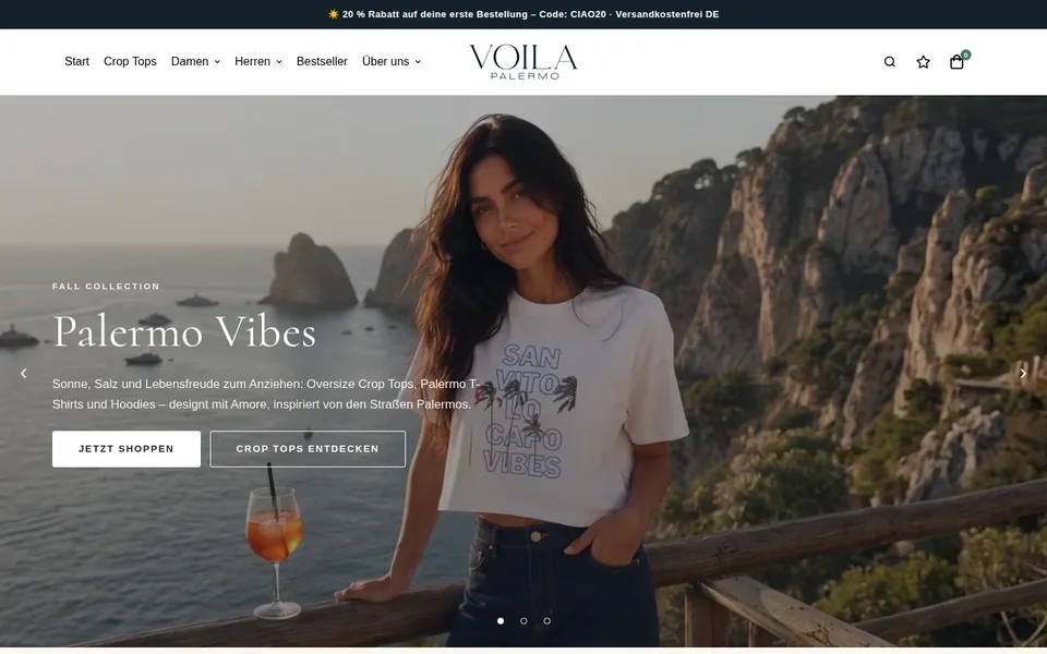 Online shop of Voilà Palermo, top of the homepage